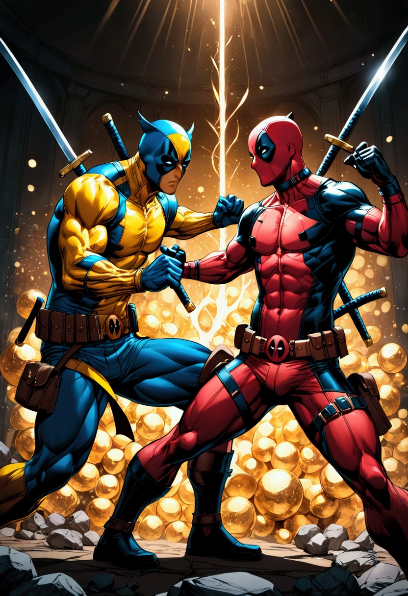 2boy, Deadpool & Wolverine, a muscular man in a red and black costume with swords, a shorter man with claws in a yellow and blue costume, fighting, dynamic action pose, cinematic lighting, hyper detailed, 4k, (8k,highres:1.2), ultra-detailed, HDR, UHD, studio lighting, ultra-fine painting, sharp focus, physically-based rendering, extreme detail description, professional, vivid colors, bokeh, comic book style, dynamic action scene, masterpiece, best quality, very aesthetic, absurdres