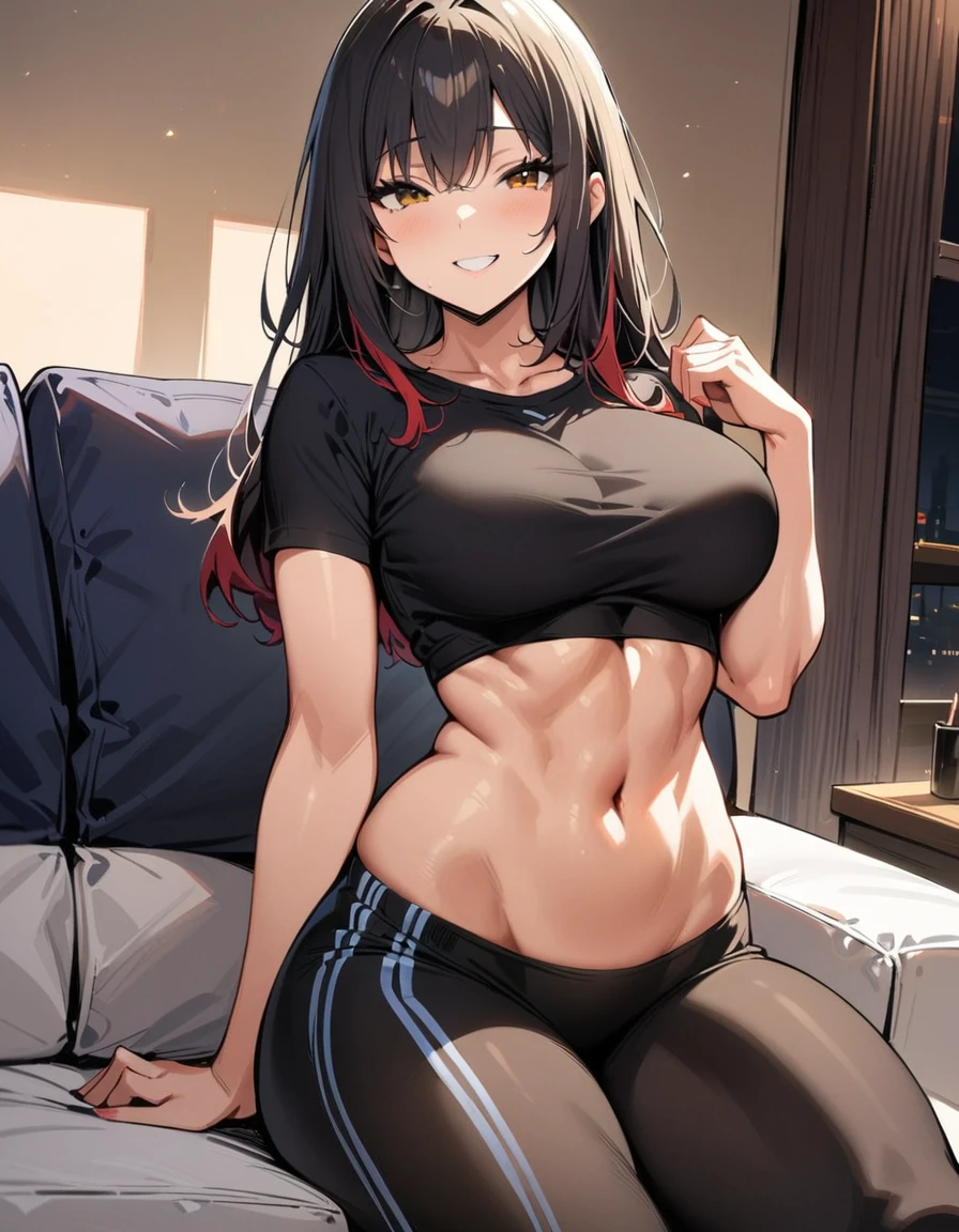 ((Best Quality)), ((masterpiece)), (detailed), 1 girl, long black hair, red locks, Brown eyes, medium large breasts, big thighs, muscular abdomen, flirty expression smiling, tight black cropped t-shirt, tight black sports pants, at home, sitting on a sofa,