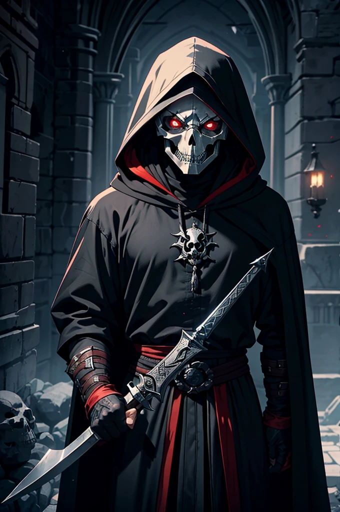 An assassin, male, fantasy character, physically strong, wearing a skull mask covering his face and eyes, dressed in black medieval attire, with a white hooded cloak over it, gray hair, short hair, red eyes, holding a dagger, nighttime background.