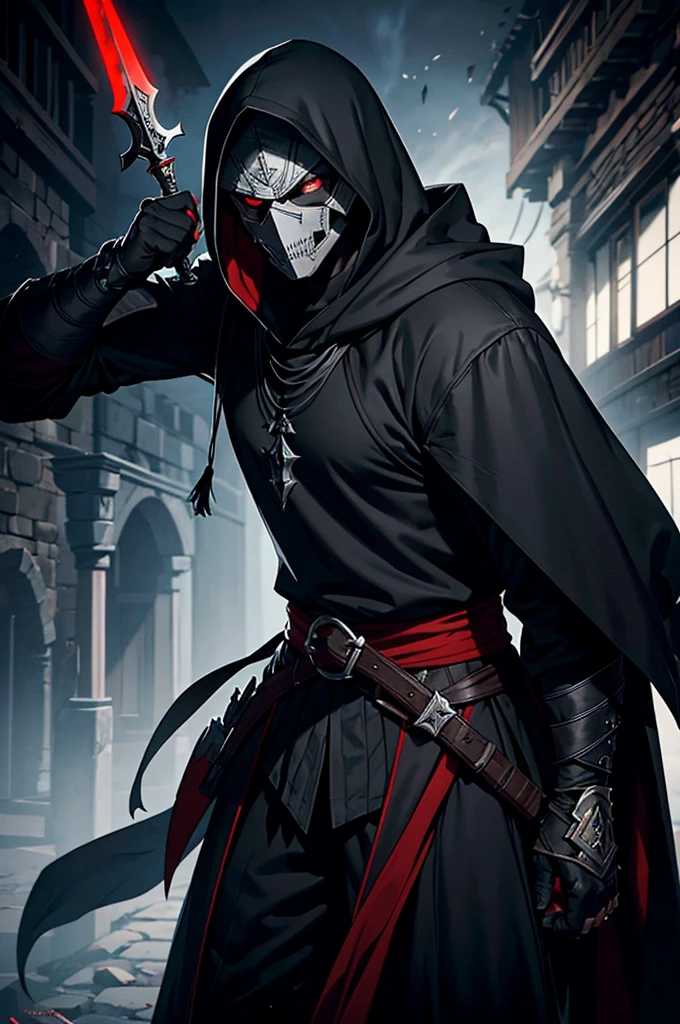 An assassin, male, fantasy character, physically strong, wearing a skull mask covering his face and eyes, dressed in black medieval attire, with a white hooded cloak over it, gray hair, short hair, red eyes, holding a dagger, nighttime background.
