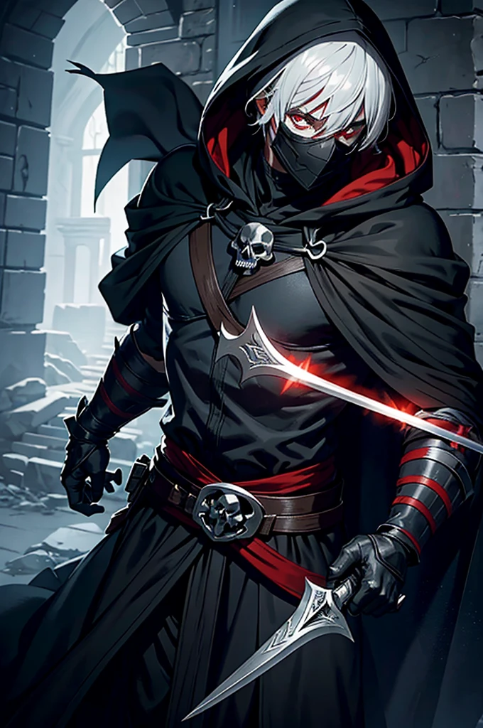 An assassin, male, fantasy character, physically strong, wearing a skull mask covering his face and eyes, dressed in black medieval attire, with a white hooded cloak over it, gray hair, short hair, red eyes, holding a dagger, nighttime background.