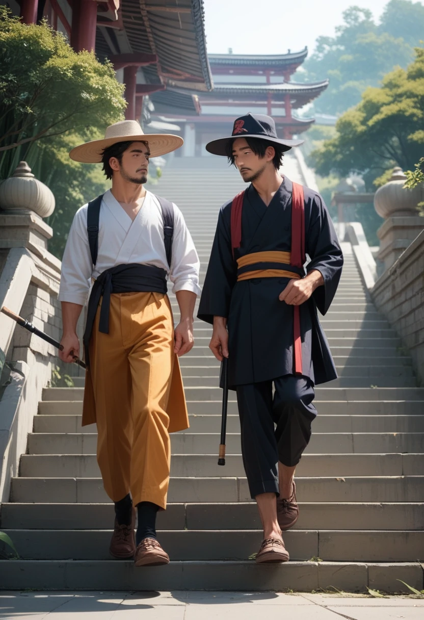 Black guy is not wearing a hat nor having a walking stick, they are very up in the sky, both have beard, both have good athletic body, white guys hat is a Japanese bamboo hat.