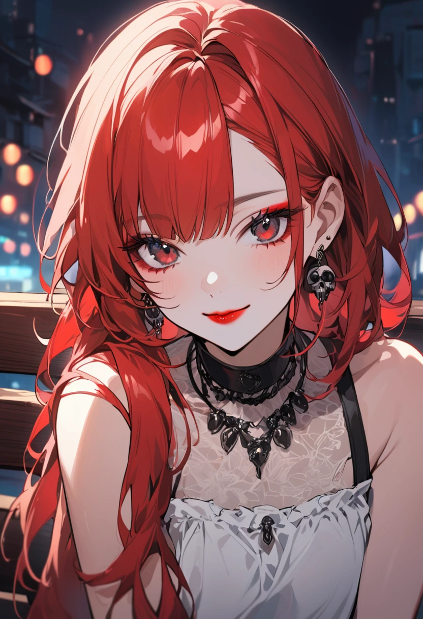 1 girl, alone, long hair, looking at viewer, smile, bangs, black red eyes, black tips in hair, jewelry, closed mouth, red hair, hair with black tips, earrings, eyelashes, neck necklace, skull necklace , makeup, lipstick, portrait, red lips, white blouse, bare shoulders, torn pants, black red eyes, sitting on bench, outdoors at night,