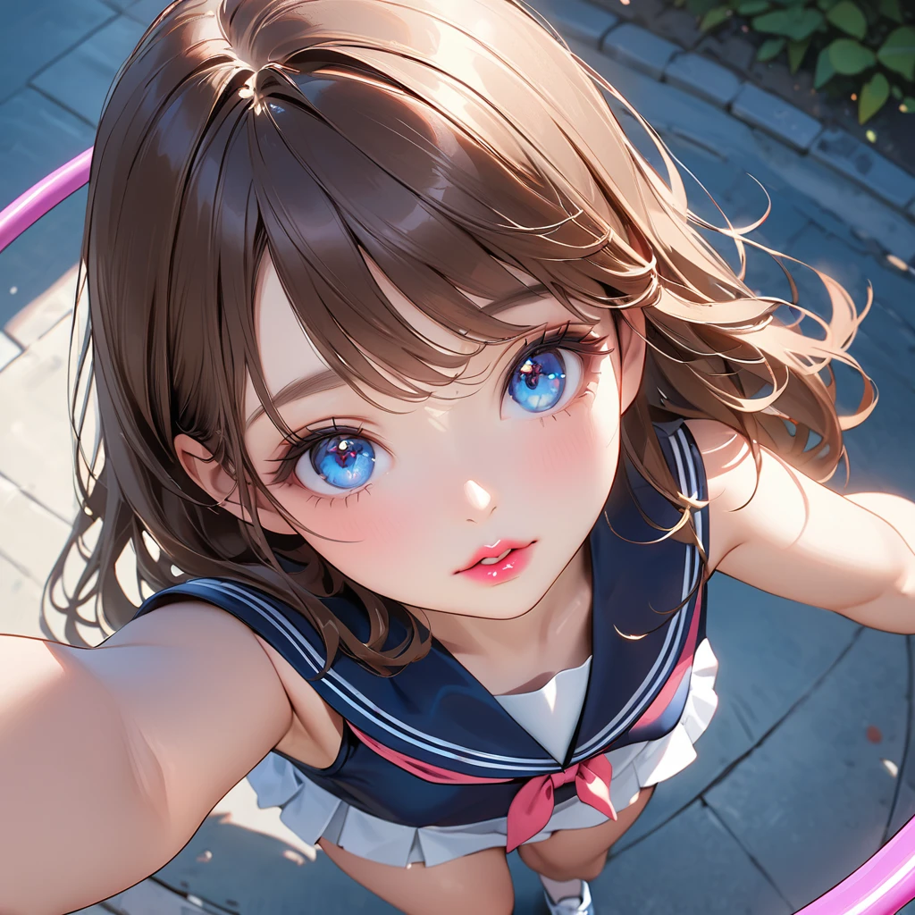 Highest quality, masterpiece, Ultra-high resolution, Realistic:1.2, RAW Photos, Intricate details, Portraiture,　Big beautiful blue eyes:1.2, Perfect contours, Girl, break　((full body:1.2, facing viewer, from above:1.2, upturned eyes:1.2)), ((petite, short, tiny girl:1.2)), Brown Hair、Long Hair, (makeup:1.2, parted mouth, full lips:1.3, pink lips:1.2, shiny lips:1.2), ((Top class hula hoop player:1.2)), (Sailor suit、mini skirt:1.2, Student&#39;s leather shoes), BREAK ((Stand with a hula hoop on your hip:1.2、Extend both arms horizontally、Legs close:1.5)), ((The background is the landing of the school stairs., Several students are walking))、