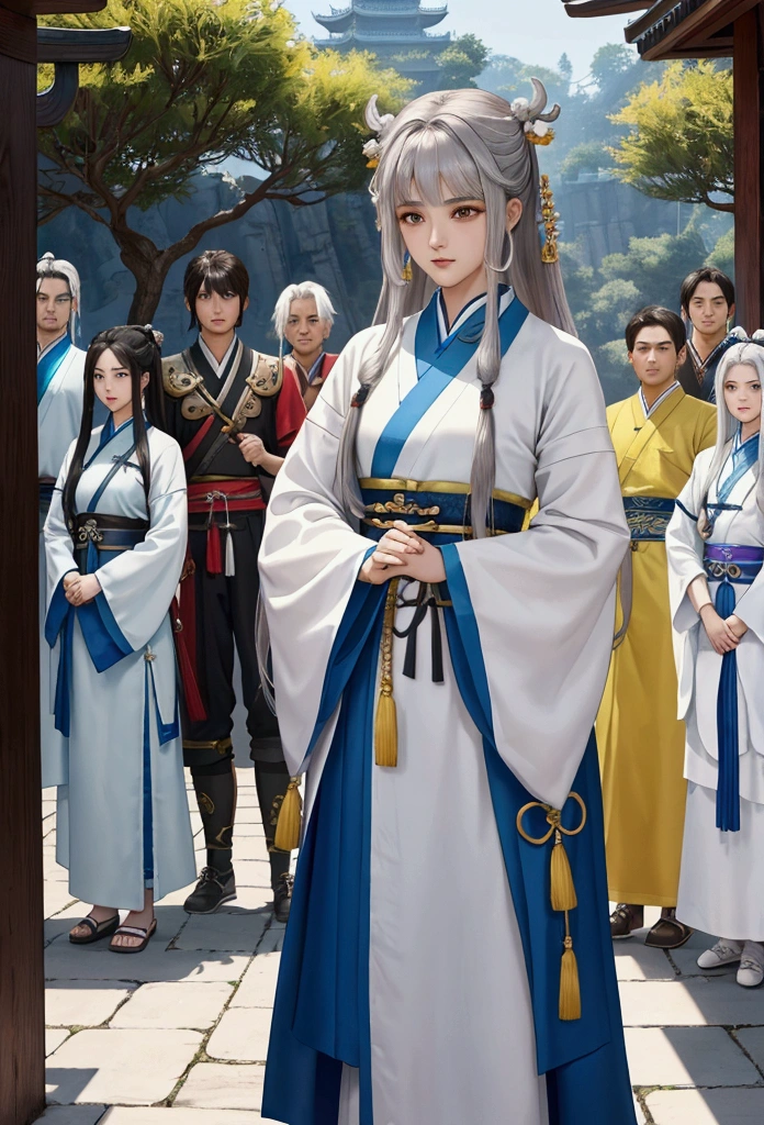 a close up of a group of people (3 girls and 4 boys) standing next to each other, game cg, xianxia fantasy, chinese fantasy, full body wuxia, chinese mmorpg, xianxia hero, korean mmo, wuxia, dynasty warriors, g liulian art style, mmorpg, by Ren Renfa, inspired by Pu Hua, mmorpg fantasy, 4k,8k RAW, High Resolution, Extream detailed, 3 girls and 4 boys, 1girl with brown hair and brown eyes used white clothes, big breasy, 1girl in a silver hair and used blue clothes, 1girl in a white hair and used yellow clothes, 3girls line up parallel in front, 4boys line up parallel in behind, all look at the camera, very detailed every character,