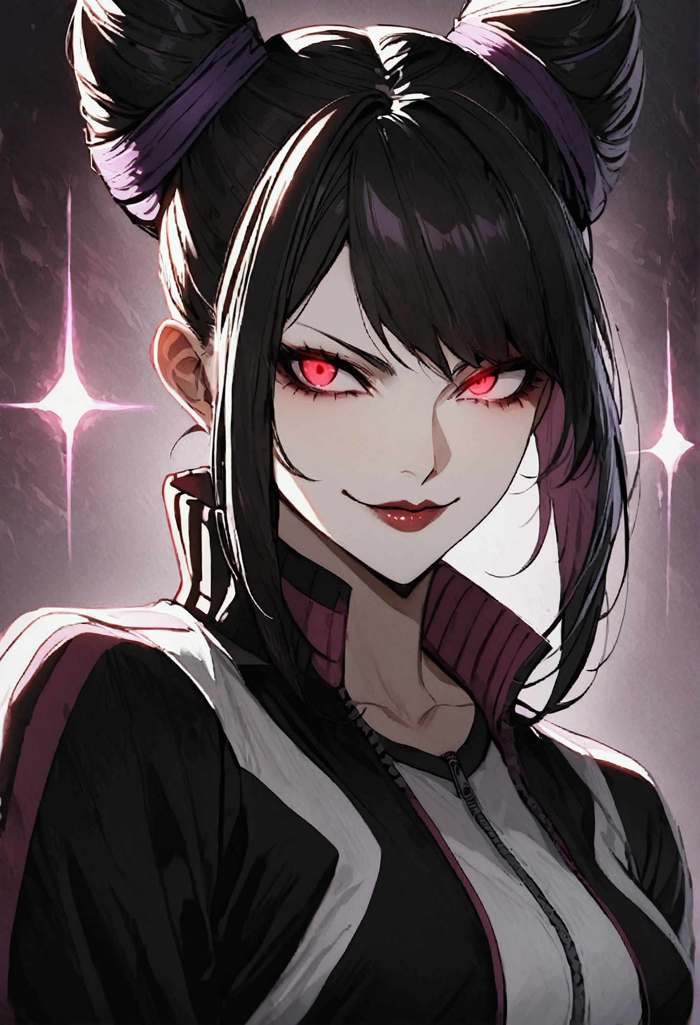 dark eye shadow,shining eyes,beautiful young fitness woman with , in a gym wearing May with black pantyhose, white and black gym jacket. standing alone,hair horns,red eyes glowing,Evil smile,legging preto ,labiaa,dark eye shadow,shining eyes,close up,hair with purple details .evil smile,couple,juri han
