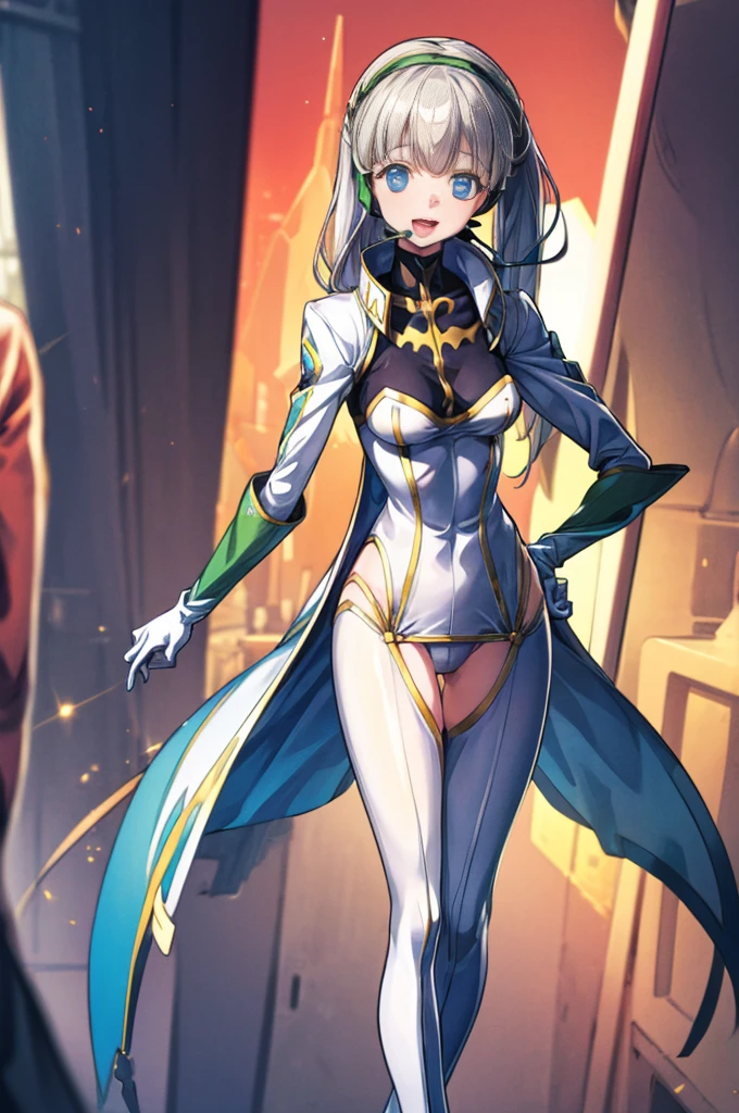 (full body),masterpiece, Highest quality, High resolution, One girl, alone, Grey Hair, Blue eyes, ( bodysuit,leotard,headset,ribbon,No sleeve, White gloves, Knee-high boots), Cowboy Shot, Hands on hips, smile, Open your mouth, Outdoor,Thick thighs,