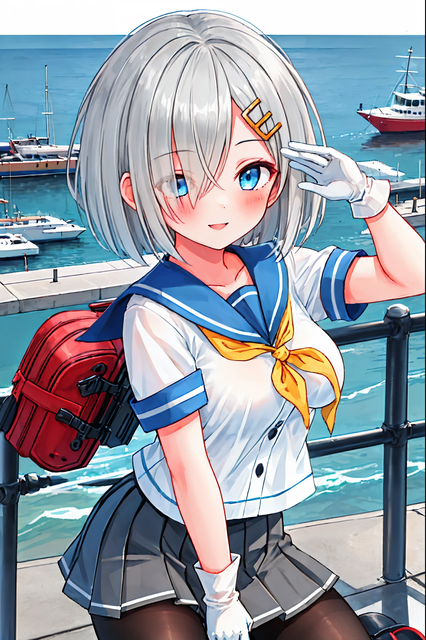 best quality, masterpiece, highres, solo, {hamakaze_kantaicollection:0.90}, 1girl, black_pantyhose, pleated_skirt, serafuku, short_sleeves, simple_background, white_background, yellow_neckerchief, white_gloves, looking_at_viewer, grey_skirt, blush, eyes_visible_through_hair, blue_sailor_collar, dynamic_posing,long_bangs,hair_over_one_eye,harbor_school_landscape_background,outdoor,smile,