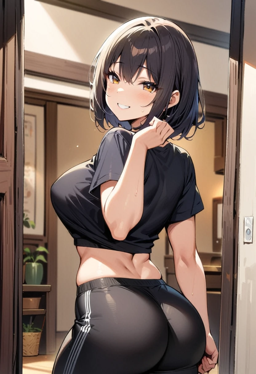 ((Best Quality)), ((masterpiece)), (detailed), 1 girl, long black hair, red locks, Brown eyes, medium large breasts, big thighs, muscular abdomen, flirty expression smiling, tight black cropped t-shirt, tight black sports pants, looking at the viewer, view from behind, backward, at home