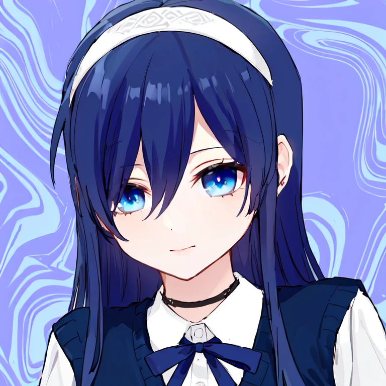 long hair, blue hair, (blue eyes:1.3), hairband, BREAK collared shirt, blue sweater vest, blue neck ribbon BREAK city, outdoors, BREAK looking at viewer BREAK (masterpiece:1.2), best quality, high resolution, unity 8k wallpaper, (illustration:0.8), (beautiful detailed eyes:1.6), extremely detailed face, perfect lighting, extremely detailed CG, (perfect hands, perfect anatomy),