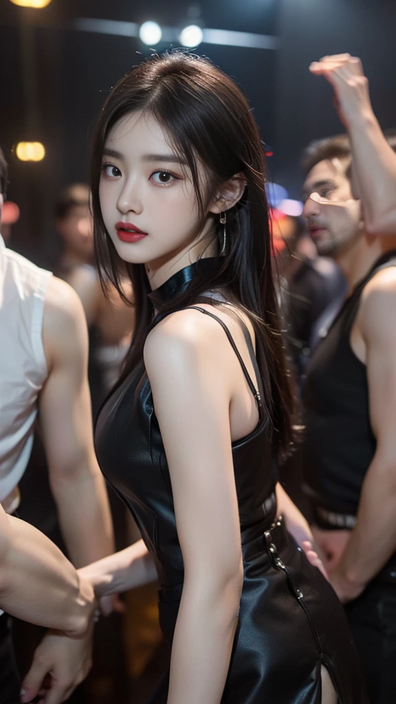 (((SFW : 1.2))), (((erotic))), (realistic), (intricate details:1.2), (masterpiece、:1.3), (top quality:1.4), (Ultra A high resolution:1.2), Ultra A high resolution, 8K resolution, very detailed expression, dark, (high quality), complete anatomy, natural anatomy, full body photo, full body, (1 21 year old Korean woman :1.8), (sexy and feminine pose : 1.4), (dancing showgirl : 1.4), (feminine dress : 1.5), (call girl:1.5), (prostitute: 1.5), (korean:1.6), (slim and pretty face : 1.4), (Colorfully dyed hair), (big earrings), ((Moans:1.4)), ((erogenous zone stimulation : 1.4), detailed face, choker necklace, sexy legs, (The girl is wearing a black sleeveless top, miniskirt and strappy high heels. :1.4), (Her body is very slim and beautiful : 1.5), (I put on a little makeup. : 1.4), (she wore jewelry:1.4), glowing skin, detailed face, (party gone crazy : 1.5), (noisy : 1.5), (EDM music), (crowed : 1.7), (surrounded by men : 1.4),(Being sexually harassed by men : 1.4) (In a nightclub : 1.6)