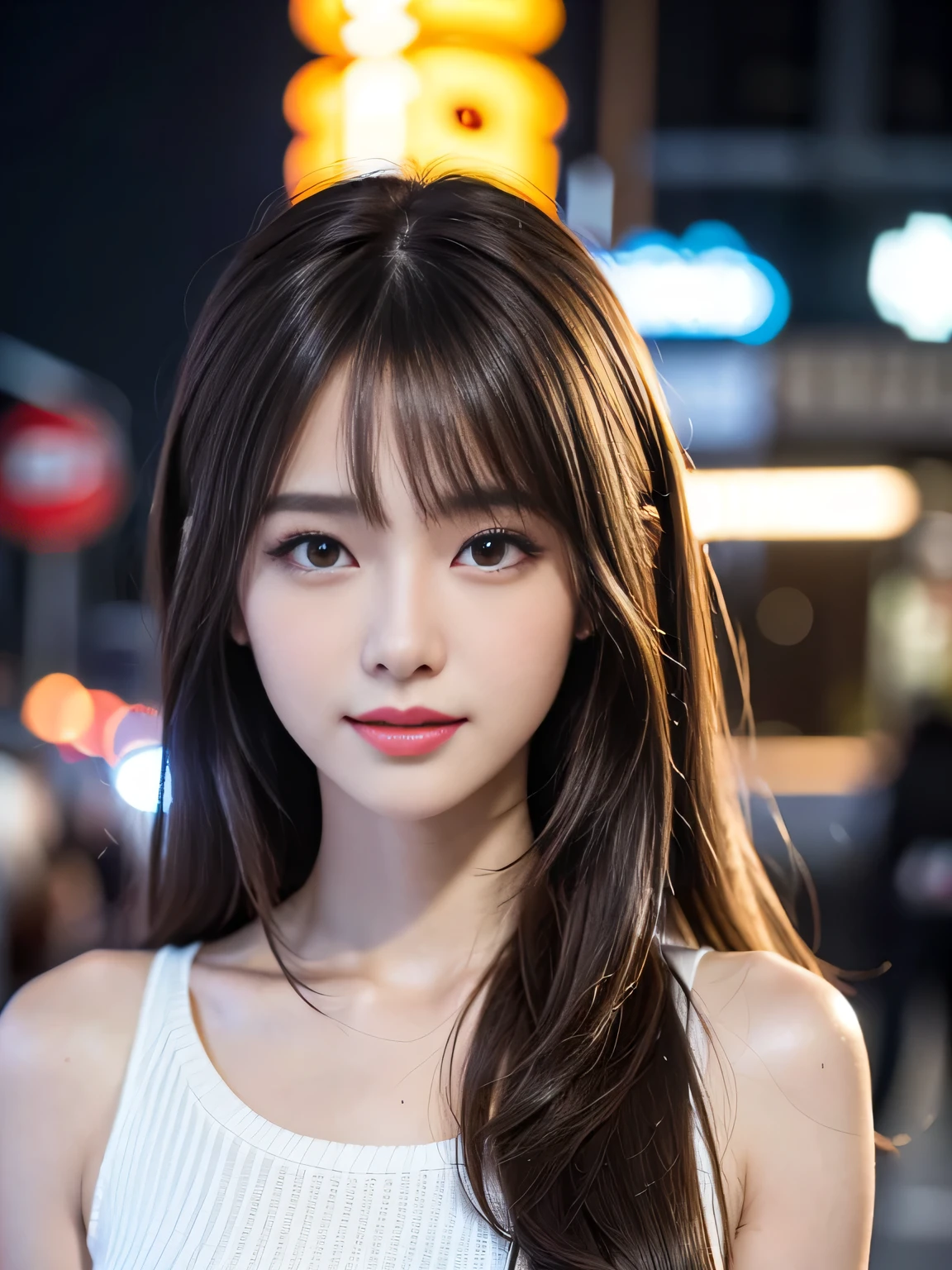 masterpiece, best quality, ultra-detailed, intricately detailed hyperdetailed, realistic, sharp features, highly detailed, sharp focus, Realistic, Photorealistic:1.3, perfect face, perfect symmetrically eyes, perfect full lips, hyper detailed, hyper realistic, high resolution, Fashion Model, Attractive Japanese Idols, (19 years old:1.3), Slender, Stylish, model poses, Beautiful Face, light brown hair, messy hair, asymmetrical bangs, (seductive smile:1.2), (looking at viewer), cinematic lighting, downtown at night, White knit