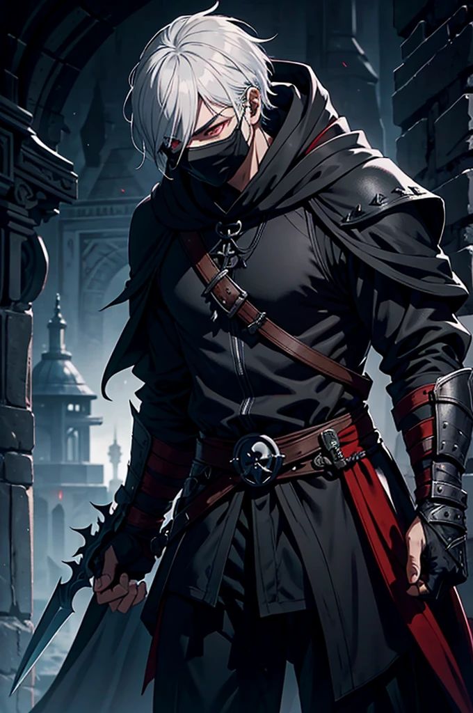 An assassin, male, fantasy character, physically strong, wearing a skull mask covering his face and eyes, dressed in black medieval attire, with a white hooded cloak over it, gray hair, short hair, red eyes, holding a dagger, nighttime background.