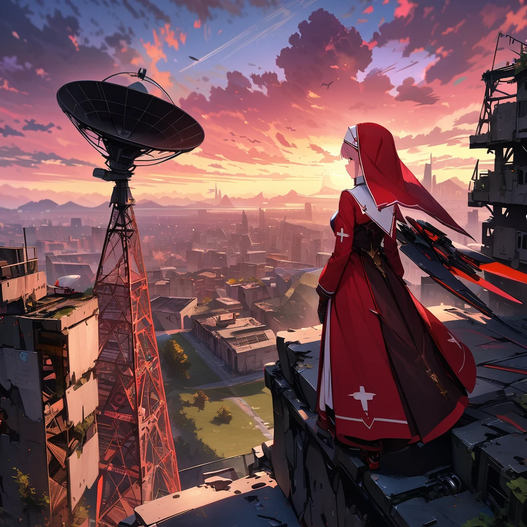 Red nun with mechanical wings, high altitude, dawn sky, ruins, satellite dish, detailed background, detailed writing, 4k, UHD, absurd, ultra quality, masterpiece,