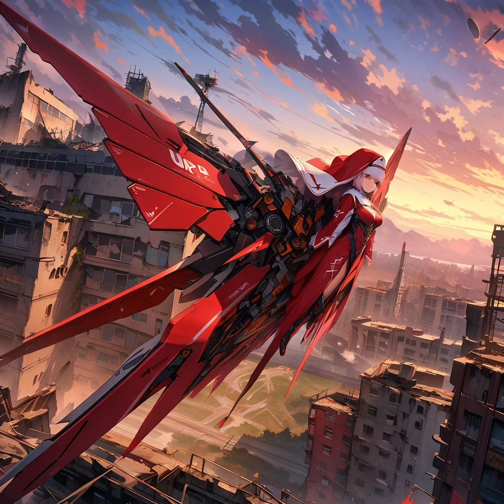 Red nun with mechanical wings, high altitude, dawn sky, ruins, satellite dish, detailed background, detailed writing, 4k, UHD, absurd, ultra quality, masterpiece,