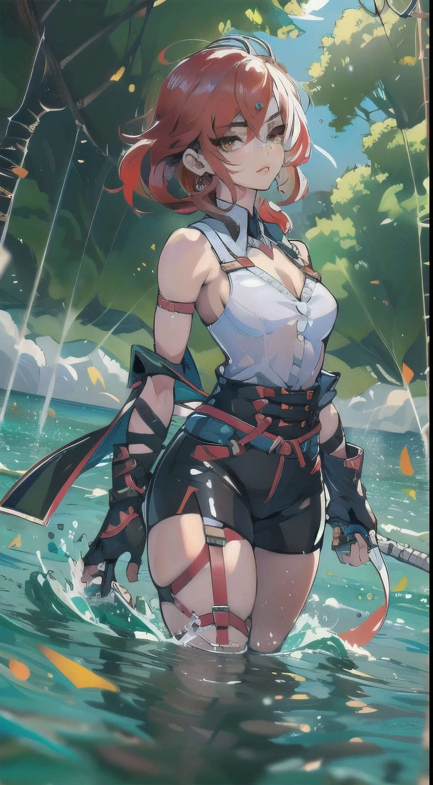 a bit, Warrior Girl, Black high leg swimsuit, sword,armor、Misty