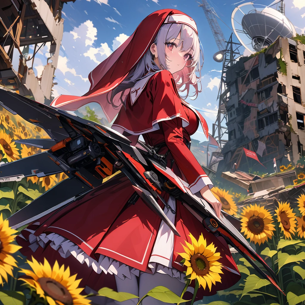 Red nun with mechanical wings, high altitude, sunflowers, ruins, satellite dish, detailed background, detailed writing, 4k, UHD, absurd, ultra quality, masterpiece,