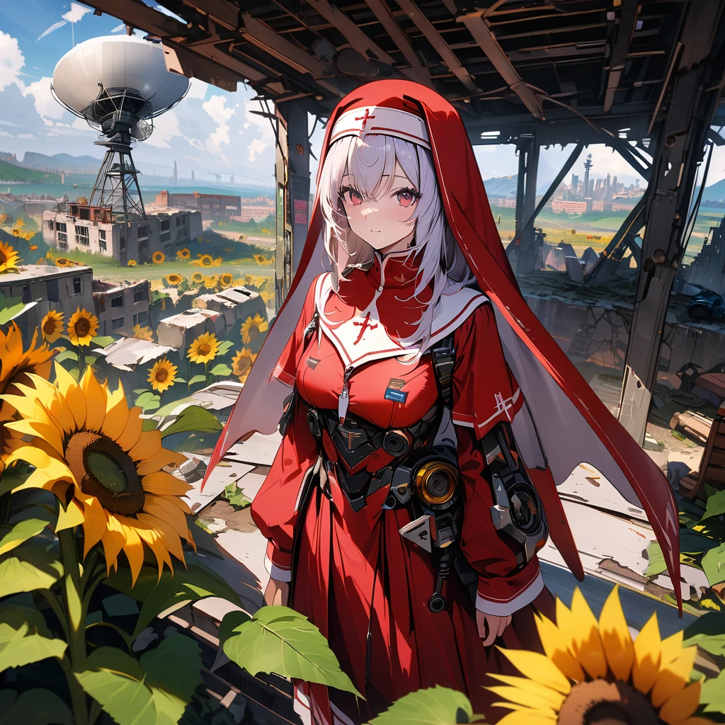 Red nun with mechanical wings, high altitude, sunflowers, ruins, satellite dish, detailed background, detailed writing, 4k, UHD, absurd, ultra quality, masterpiece,