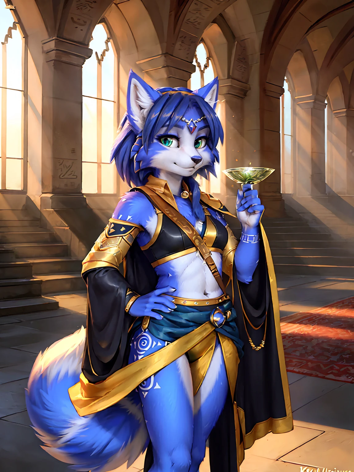A beautiful and detailed (sweet picture) wa ((krystal)), Star Fox Krystal, green eyes, medium breasts, (((Long blue hair 1.3))), anthro, furry, (wa Fluff-Kevlar, Bayard Wu, personalize me, Pino Daeni), detailed fluffy fur, detailed face, (fluffy), 1 girl, alone, hair cover one eye:1.4, wears tribal clothing with leather armor, wears tribal top with leather armor, steht in der großen halle wa hogwarts:1.4, (((she stands next to severus snape:1.3)))