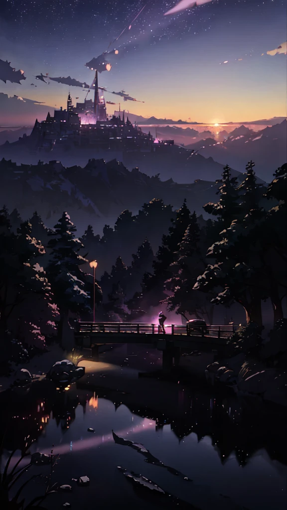 (((Makoto Shinkai style)),pixiv,anime drawing,high quality,pink purple sky,beautiful scene),(universe,train passing,magical realism,((makoto shinkai style)) ::0.8), [Artistic Atmosphere, Atmosphere:0.8, Starry Sky, Hills, Snow Mountain, Sparkling Water, Grass, Trees, Smoke, Stars, Low Angle of View, Specular Scattering,