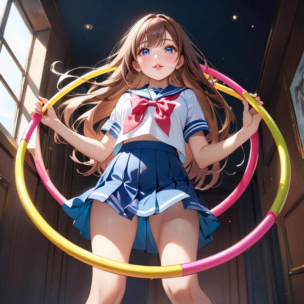 Highest quality, masterpiece, Ultra-high resolution, Realistic:1.2, RAW Photos, Intricate details, Portraiture,　Big beautiful blue eyes:1.2, Perfect contours, Girl, break　((full body:1.2, facing viewer, from below:1.2, upturned eyes:1.2)), ((petite, short, tiny girl:1.2)), Brown Hair、Long Hair, (makeup:1.2, parted mouth, full lips:1.3, pink lips:1.2, shiny lips:1.2), ((Top class hula hoop player:1.2)), (Sailor suit、mini skirt:1.2, Student&#39;s leather shoes), BREAK ((Stand with a hula hoop on your hip:1.2、Extend both arms horizontally、Legs close:1.5)), ((The background is the landing of the school stairs., Several students are walking))、