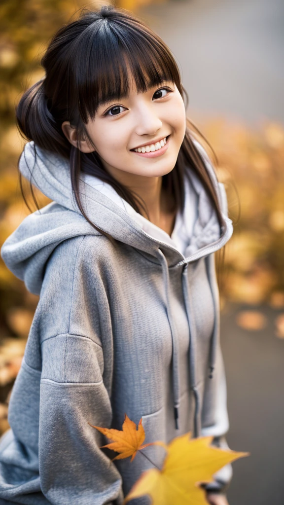 (Extreme high angle:1.3), ((Ultra high resolution, highest quality, masterpiece: 1.2), (realistic, photorealistic: 1.37), highly detailed, A young Japanes woman wearing a hoodie, casual streetwear style, modern and trendy, detailed textures in clothing, cozy and comfortable vibe, autumn fashion, chic and cool, happy smiling