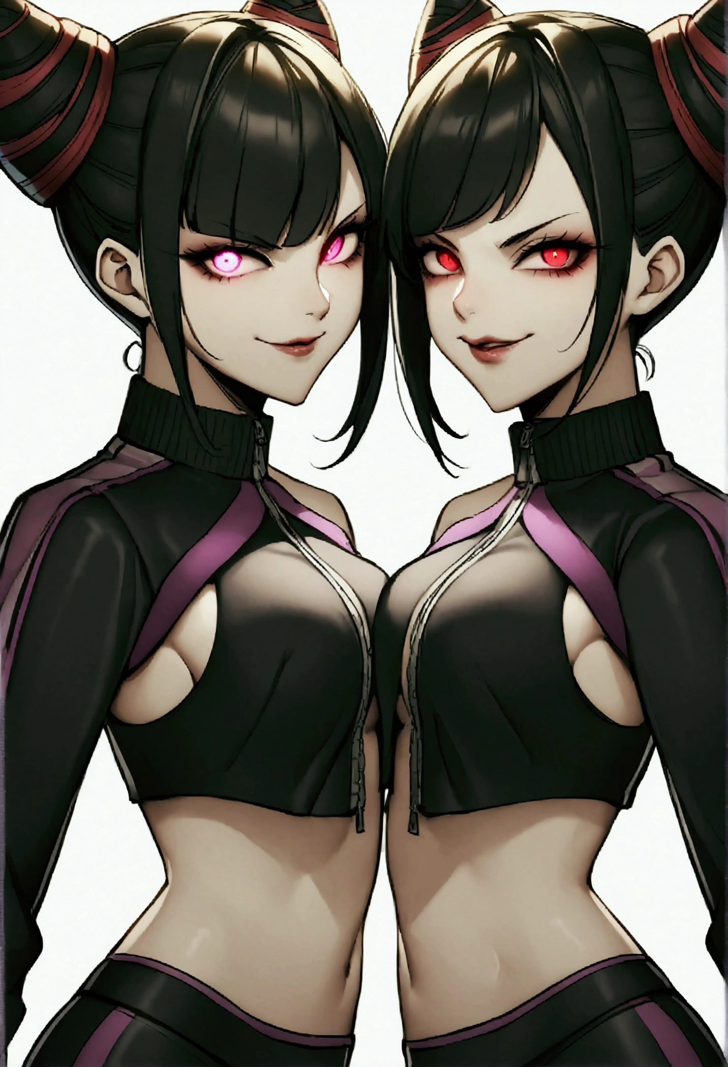 dark eye shadow,shining eyes,beautiful young fitness woman with , in a gym wearing May with black pantyhose, white and black gym jacket. standing alone,hair horns,red eyes glowing,Evil smile,legging preto ,labiaa,dark eye shadow,shining eyes,close up,hair with purple details .evil smile,couple,juri han
