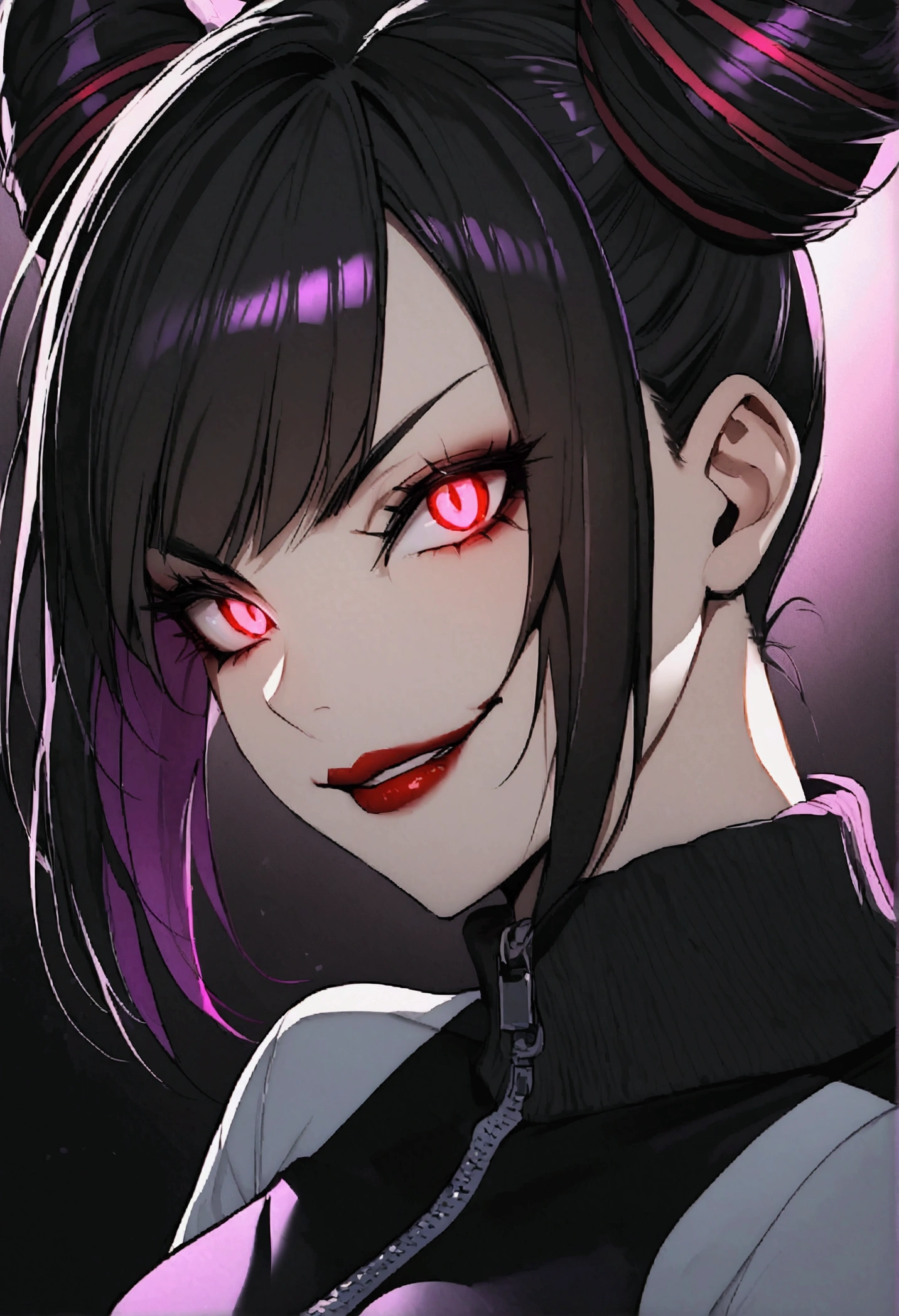 dark eye shadow,shining eyes,beautiful young fitness woman with , in a gym wearing May with black pantyhose, white and black gym jacket. standing alone,hair horns,red eyes glowing,Evil smile,legging preto ,labiaa,dark eye shadow,shining eyes,close up,hair with purple details .evil smile,couple,juri han
