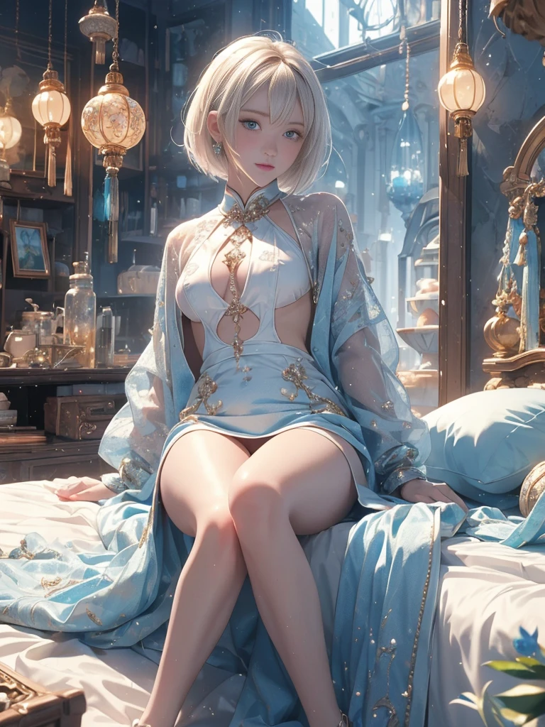 ((masterpiece)), ((best quality)), (ultra-detailed), ((kawaii)), cute, (lovely), ((sexy)), (ero), ((extremely detailed)), 4K, (8K), best quality, (beautiful), extremely detailed game CG, full body, look up from below, on the bed, a cute girl, 1girl, solo, Chinese dress, beautiful gold hair, beautiful pink eyes, ((beautiful eyes)), white-skinned, light blue-skinned, short hair, mesh, Jagged teeth, transparent hair, translucent hair, flat breast, tiny breast, triumphant look, smug look, self-satisfied look, shiny-glistening, gleaming, wetted by water