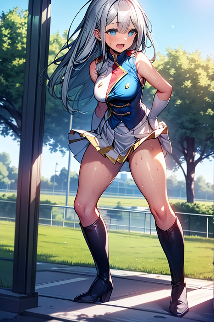 (full body),masterpiece, Highest quality, High resolution, One girl, alone, Grey Hair, Blue eyes, (sunfes，band uniform, No sleeve, White gloves, Pleated skirt, Knee-high boots), Cowboy Shot, Hands on hips, smile, Open your mouth, Outdoor，Thick thighs，(The skirt is blown up by the wind,),((Browsing Caution，Masturbation，leotard，between legs，Sweaty,Squat,Spread your legs out to the side))