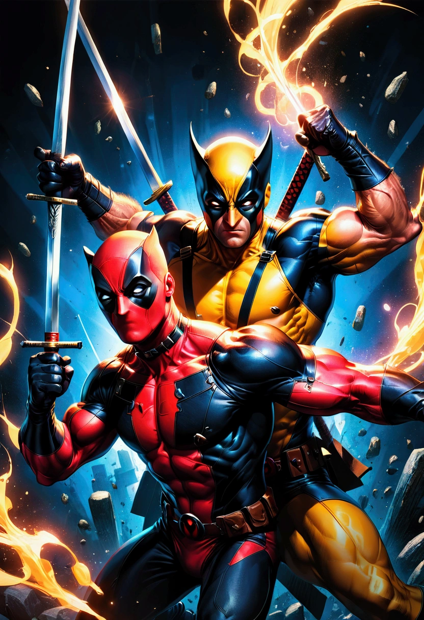 2boy, Deadpool & Wolverine, a muscular man in a red and black costume with swords, a shorter man with claws in a yellow and blue costume, fighting, dynamic action pose, cinematic lighting, hyper detailed, 4k, (8k,highres:1.2), ultra-detailed, HDR, UHD, studio lighting, ultra-fine painting, sharp focus, physically-based rendering, extreme detail description, professional, vivid colors, bokeh, comic book style, dynamic action scene, masterpiece, best quality, very aesthetic, absurdres