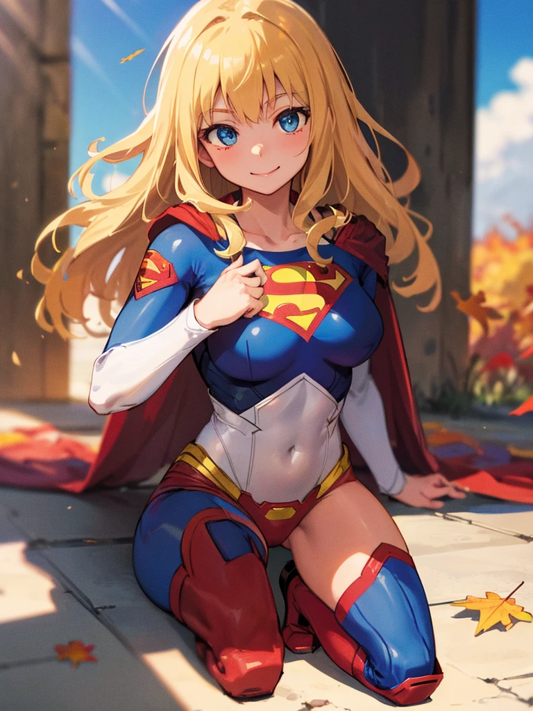 masterpiece, 4K, 8k, high quality, Very detailed, Detailed face, High resolution, Vibrant colors, Natural light, Best Shadow, Shallow depth of field, Portraiture (Supergirl:1.1) , ((Fall sideways to the ground)),smile, Blue leotard, Red Cape, red boots with heels, delicate, Captivating blue eyes, Nice medium sized breasts, blonde, (Superman symbol on chest:1.2), , blue sky, sunlight, cloud, sun, bloom,