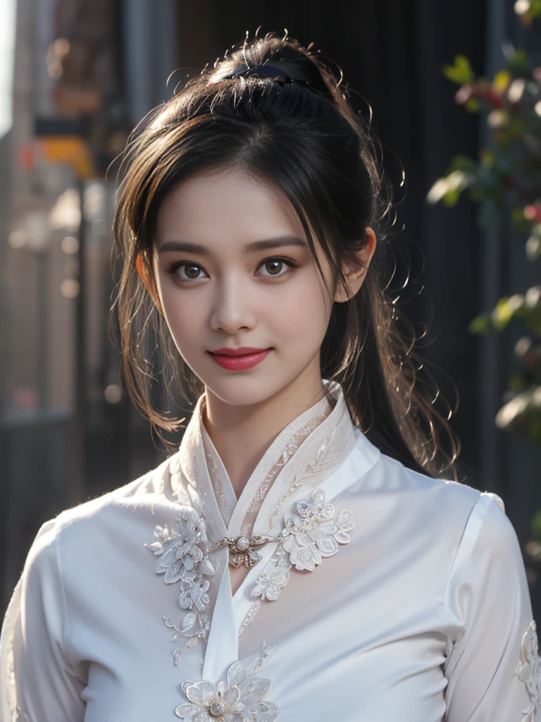 1 beautiful girl in Hanfu costume, ((thin black and white silk shirt with many patterns)), white lace shirt, long platinum purple ponytail. Hair, Jewelry, earrings, thin black silk scarf, carefully drawn big purple eyes, careful makeup, thin eyebrows, high nose, beautiful red lips, cheerful smile, pursed lips, rosy cheeks, wide chest, big chest, shapely chest, slim waist, shapely buttocks, purple mesh stockings, Chinese hanfu style, fictional art texture, many bright and realistic colors, RAW Photos, Realistic Photos , ultra high quality 8k surreal photo, (effective fantasy lighting effect: 1.8), 10 x pixels, magic effect (Background): 1.8), super detailed eyes, full body portrait of girl, vineyard, dynamic, pose