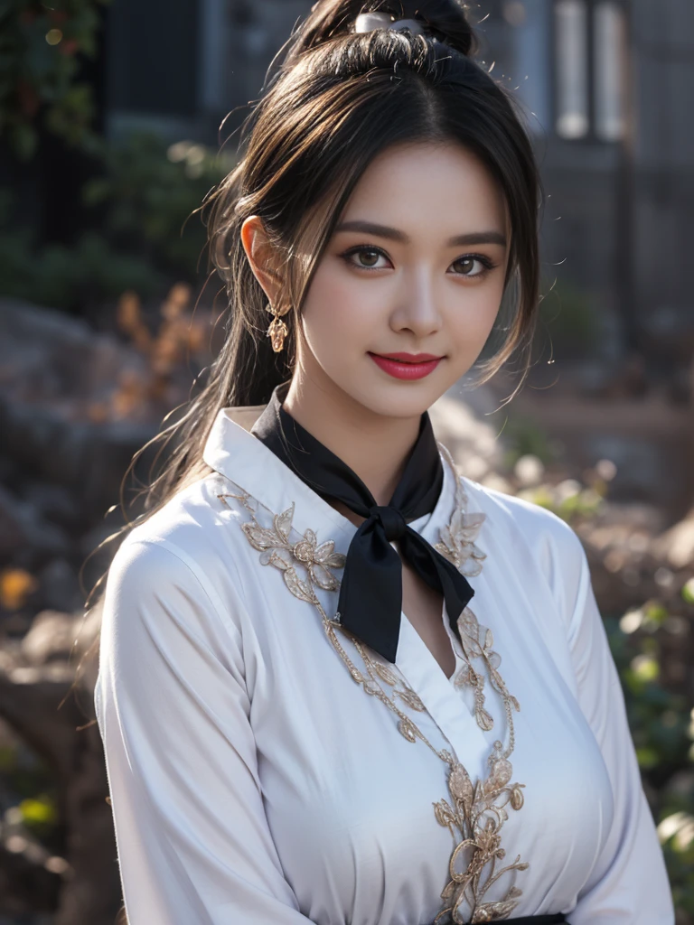 1 beautiful girl in Hanfu costume, ((black and white thin silk shirt with many patterns)), white lace shirt, long platinum purple ponytail Hair, Jewelry, ear jewelry, scarf thin black silk scarf, carefully drawn big purple eyes, careful makeup, thin eyebrows, high nose, beautiful red lips, happy smile, pursed lips, pink cheeks, wide chest, big chest, symmetrical chest figure, slim waist, purple fishnet stockings, Chinese hanfu style, fictional art texture, many bright and realistic colors, RAW photos, Realistic photos, ultra-high quality 8k hyper-realistic photos, (effective effective fantasy lighting effect: 1.8), 10 x pixels, magic effect (Background): 1.8), super detailed eyes, full body portrait of girl, vineyard, dynamic pose,