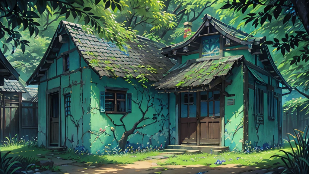 a blue hut with cracked walls, faded paint, evening time, acacia dealbata flowers, banyan tree, shade, ghibli style, village, vibrant colors, intrinsic details, scenery, micro landscape