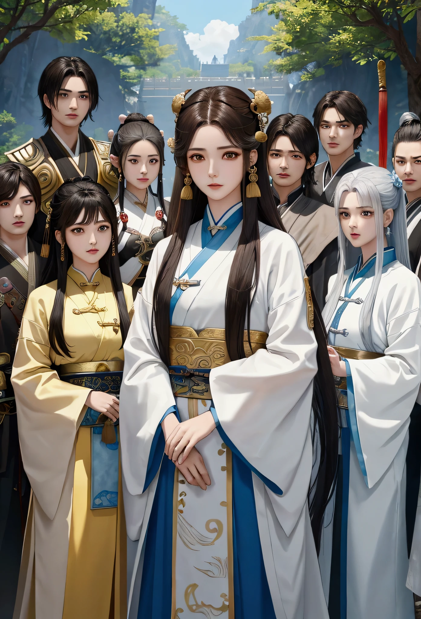 a close up of a group of people (3 girls and 4 boys) standing next to each other, game cg, xianxia fantasy, chinese fantasy, full body wuxia, chinese mmorpg, xianxia hero, korean mmo, wuxia, dynasty warriors, g liulian art style, mmorpg, by Ren Renfa, inspired by Pu Hua, mmorpg fantasy, 4k,8k RAW, High Resolution, Extream detailed, 3 girls and 4 boys, 1girl with brown hair and brown eyes used white clothes, big breasy, 1girl in a silver hair and used blue clothes, 1girl in a white hair and used yellow clothes, 3girls line up parallel in front, 4boys line up parallel in behind, all look at the camera, very detailed every character,