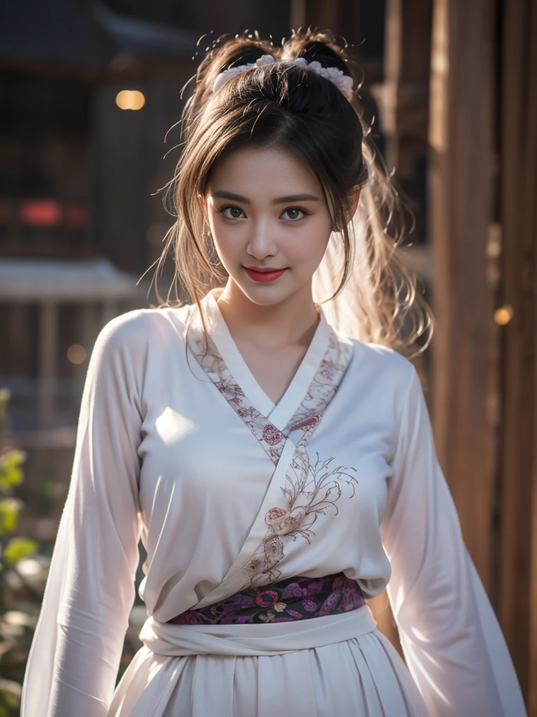 1 beautiful girl in Hanfu costume, ((black and white thin silk shirt with many patterns)), white lace shirt, long platinum purple ponytail Hair, Jewelry, ear jewelry, scarf thin black silk scarf, carefully drawn big purple eyes, careful makeup, thin eyebrows, high nose, beautiful red lips, happy smile, pursed lips, pink cheeks, wide chest, big chest, symmetrical chest figure, slim waist, purple fishnet stockings, Chinese hanfu style, fictional art texture, many bright and realistic colors, RAW photos, Realistic photos, ultra-high quality 8k hyper-realistic photos, (effective effective fantasy lighting effect: 1.8), 10 x pixels, magic effect (Background): 1.8), super detailed eyes, full body portrait of girl, vineyard, dynamic pose,