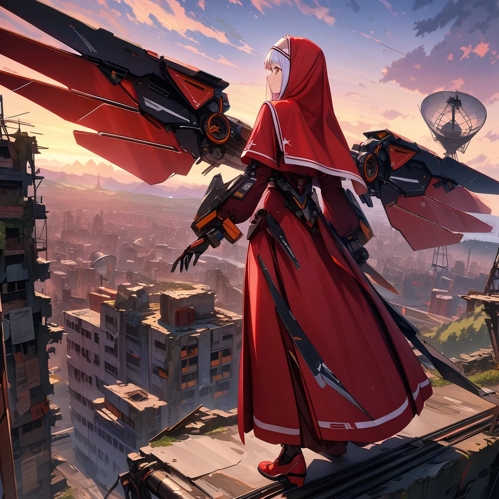 Red nun with mechanical wings, high altitude, dawn sky, ruins, satellite dish, detailed background, detailed writing, 4k, UHD, absurd, ultra quality, masterpiece,
