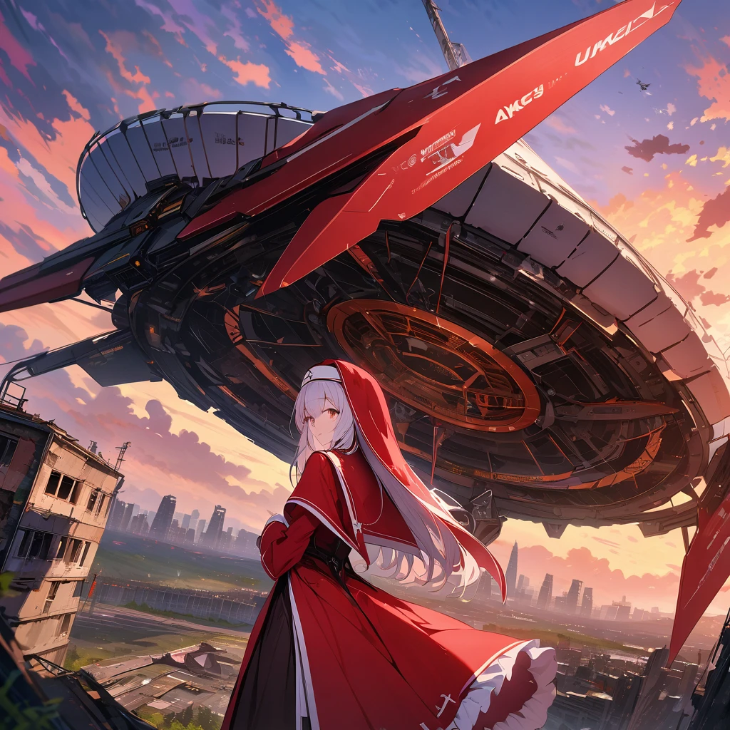 Red nun with mechanical wings, high altitude, dawn sky, ruins, satellite dish, detailed background, detailed writing, 4k, UHD, absurd, ultra quality, masterpiece,