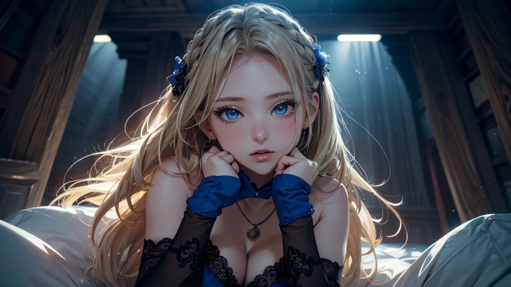 ​masterpiece),(top-quality:1.2),1girl in,(masuter piece:1.3),exquisitedetails, Highest quality 8K resolution, Ultra-detailed, Realistic, Vibrant colors, Soft tones, With warm and gentle lighting,(Smooth straight blonde hair:1.2),(Hair parted in the middle:1.3),(Glowing hair),(Dark blue eyes:1.3),White skin, hair clips,Small necklace,A gentle feeling overflows,The sun's rays illuminate joy and pure love, Warm golden glow, Ultra-detailed depiction and vivid colors,A style that combines romanticism and realism,depth of love,color palettes,Create an ethereal atmosphere like a dream,Lighting is soft and diffused,masterpiece artwork,light light on the face, the girl is in love with you, She looks into your eyes, ((Full-length image of a girl)), lace stockings