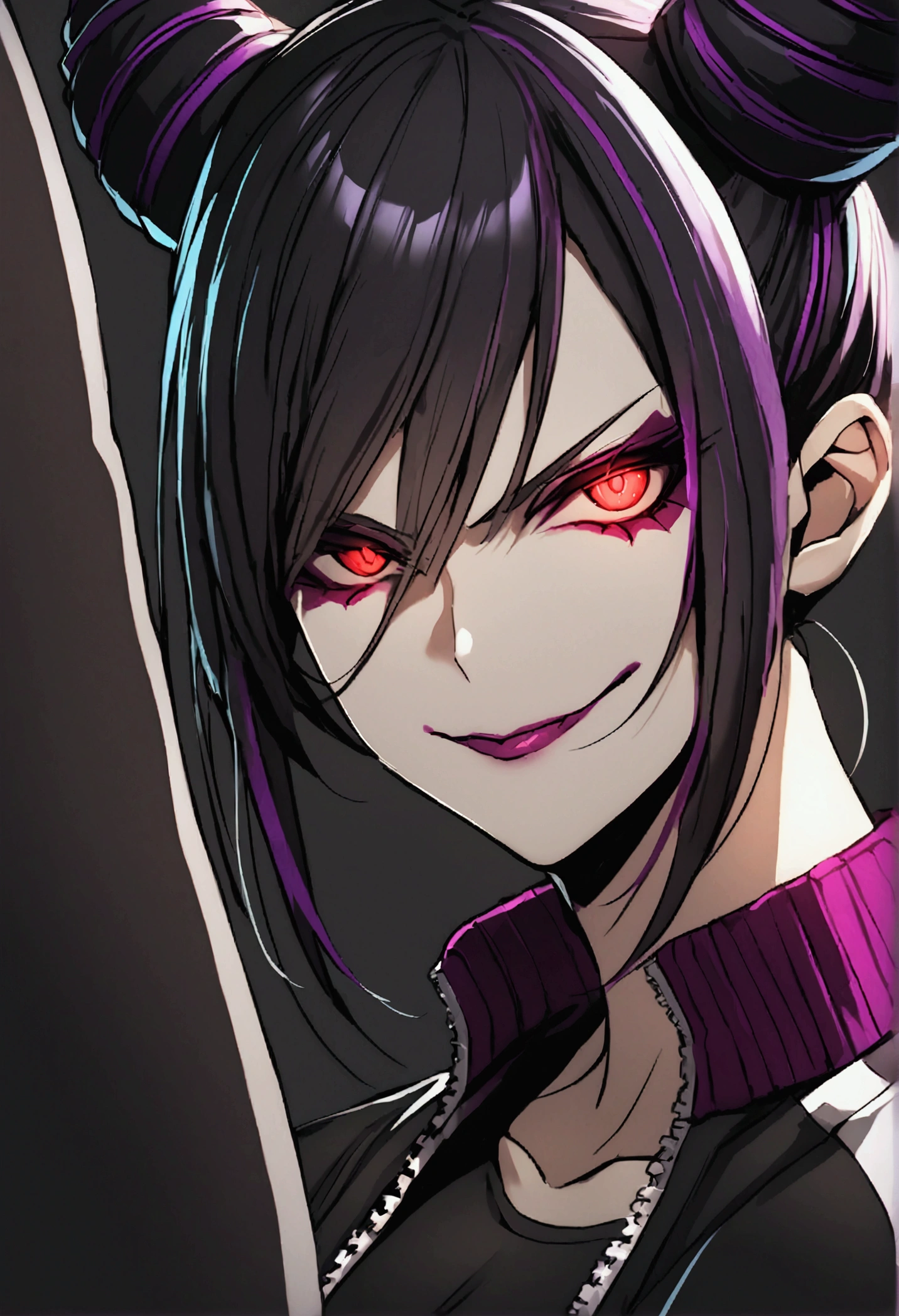 dark eye shadow,shining eyes,beautiful young fitness woman with , in a gym wearing May with black pantyhose, white and black gym jacket. standing alone,hair horns,red eyes glowing,Evil smile,legging preto ,labiaa,dark eye shadow,shining eyes,close up,hair with purple details .evil smile,couple,juri han