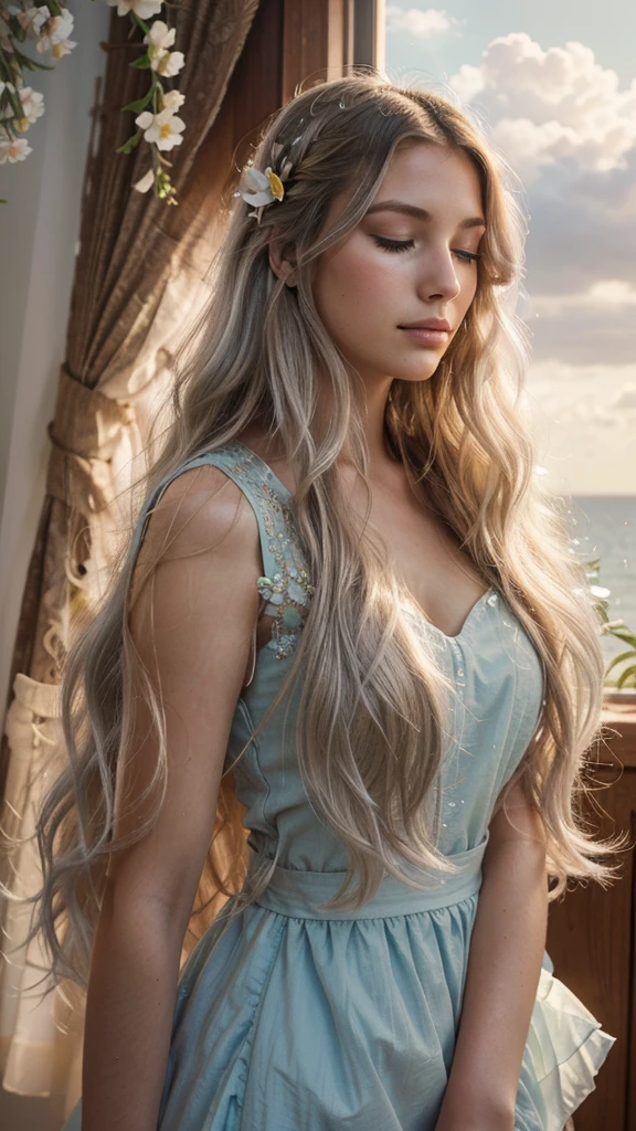 Charming portrait of a beautiful woman with long yellow wavy hair. His profile was gently illuminated with soft light, and his eyes were closed as if he was lost in meditation. Flowers and clouds in pastel colors decorate her face and hair, creating a dreamy and detailed atmosphere. Elegant and vibrant, these illustrations or paintings are filled with shimmering silver highlights and shimmer, reflecting the subtle beauty of their subjects., vibrant, painting, illustration