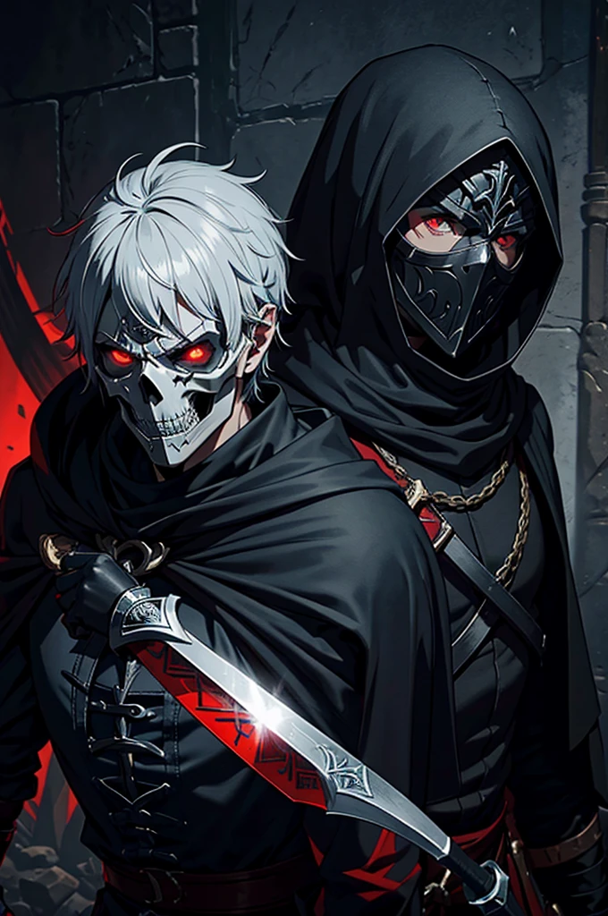 An assassin, male, fantasy character, physically strong, wearing a skull mask covering his face and eyes, dressed in black medieval attire, gray hair, short hair, red eyes, holding a dagger, nighttime background.