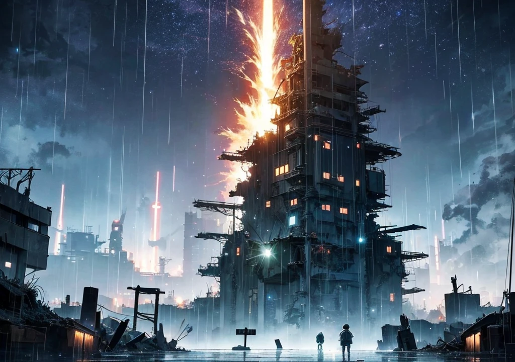 [anime　Ghibli style]The ruined city、The city is devastated by the battlefield and the lights are out。Standing in the palm of a giant robot、Back view of a little boy。The background is night、The rain is falling sadly。The stars are shining in the night sky。I want to create an image that goes well with ambient music.。
