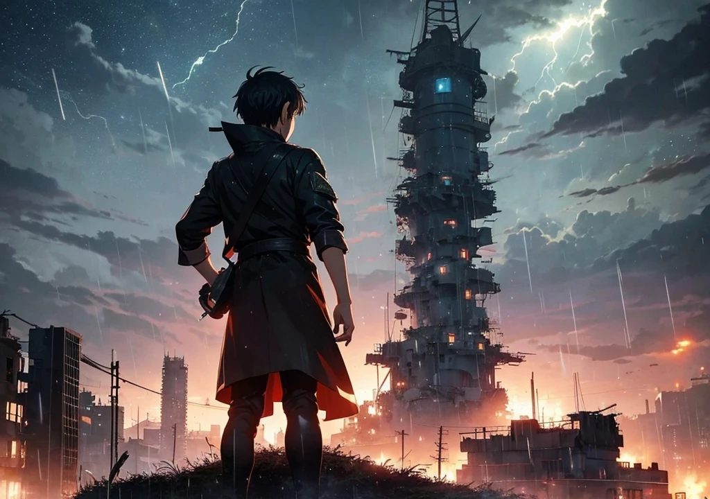 [anime　Ghibli style]The ruined city、The city is devastated by the battlefield and the lights are out。Standing in the palm of a giant robot、Back view of a 。The background is night、The rain is falling sadly。The stars are shining in the night sky。I want to create an image that goes well with ambient music.。