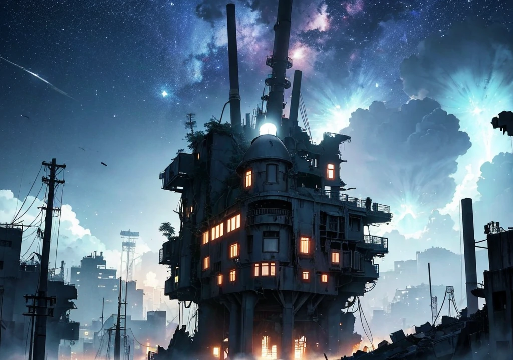 [anime　Ghibli style]The ruined city、The city is devastated by the battlefield and the lights are out。Standing in the palm of a giant robot、Back view of a 。The background is night、The rain is falling sadly。The stars are shining in the night sky。I want to create an image that goes well with ambient music.。