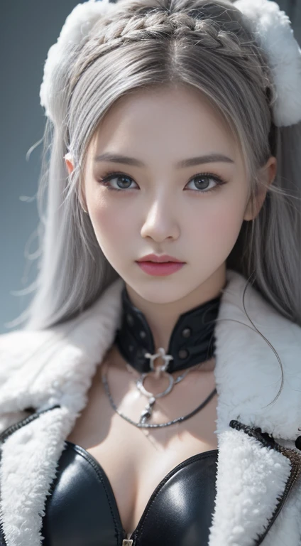 Close-up of a woman in a white dress and jacket, snow原、snow、snowが降る、Realistic painting, Incredibly beautiful proportions、Ultra detailed nipples、Beautiful areola、Talked about at the art station, Fantasy art, perfect have Gray Hair girl, have Gray Hair, has long Gray Hair, Gray Hair, หญิงสาวที่have Gray Hair, ทีฟา ล็อกฮาร์ต Gray Hair, have Gray Hair lady, Gouache style artwork((Realistic Light, Highest quality, 8k, masterpiece :1.3)), Frank, One Girl, Beautiful woman with perfect figure :1.4, Stomach
