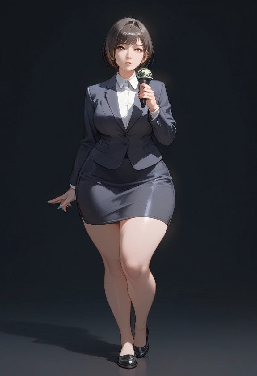 (score_9,score_8_up,score_7_up) 1lady asian, solo, mature female, (black short hair), bob hairstyle, bangs, almond eyes, (suit), tight black blazer, (tight pencil_skirt), blank expression, pale, ((thick thighs)) ((flatshoes, black footwear))  ((wide hips)) standing upright, full body shown, holding microphone, news reporter, busty, thick legs, thick thighs, massive thighs, big soft thighs, thick thighs pressed together, asian woman, hourglass bodyfigure, staring at camera, asian details, facing forward, long fingernails, clear nail polish detailed face, staring, detailed hands