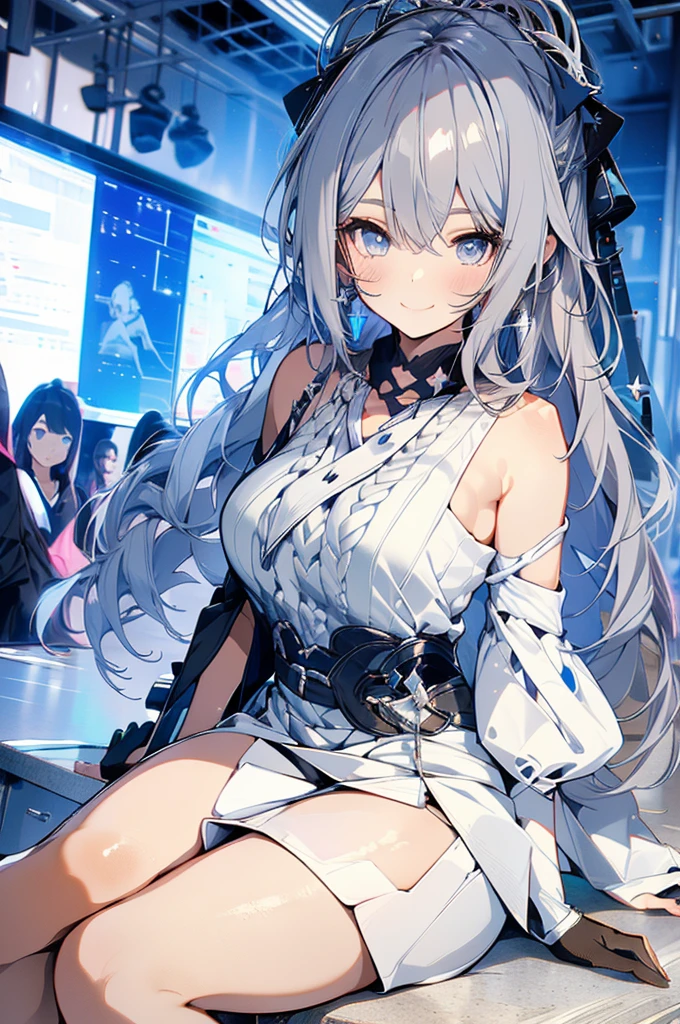 "(Highest quality,High resolution:1.2), Cute Smile, Unusual Point of View, White sweater, Medium Shot, Color decomposition color, shoulder, blush, (Gray Hair), White gloves, White boots, Blue Iris"，star空の背景，star