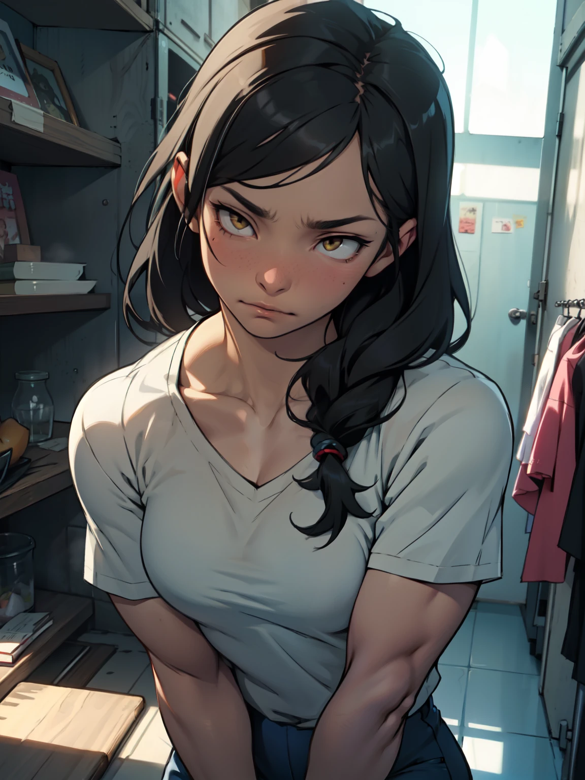 empty eyes embarrassed girl black hair yellow eyes pale skin muscular girl feminine
